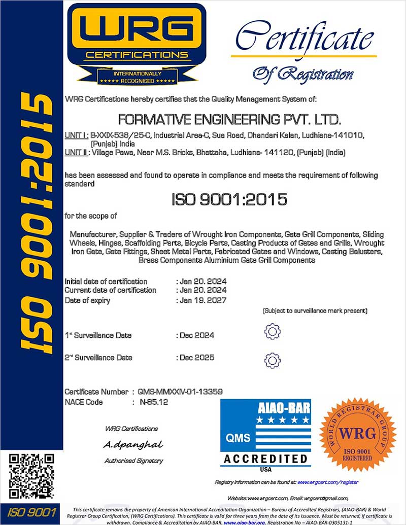 iso certificate - wrought iron hardware manufacturers exporters in India Ludhiana Punjab Gate Grill Fencing Parts suppliers Formative Engineering pvt ltd Monarch Forge India